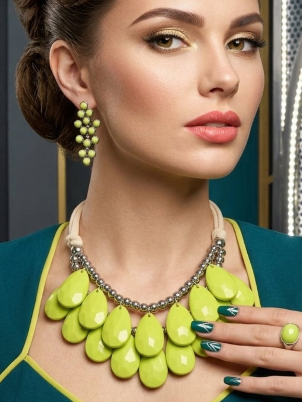 New! Statement Lime Green Teardrop Bib Necklace with Matching Earrings